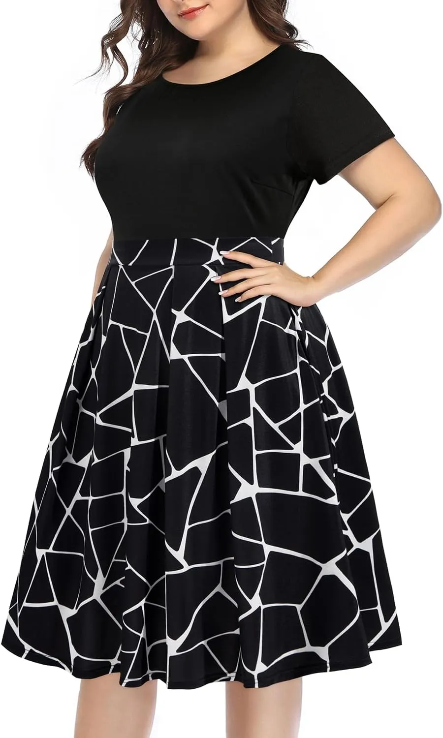Pinup Fashion Plus Size Work Dress-Church Business Casual Short Sleeve A-Line Dress with Pockets