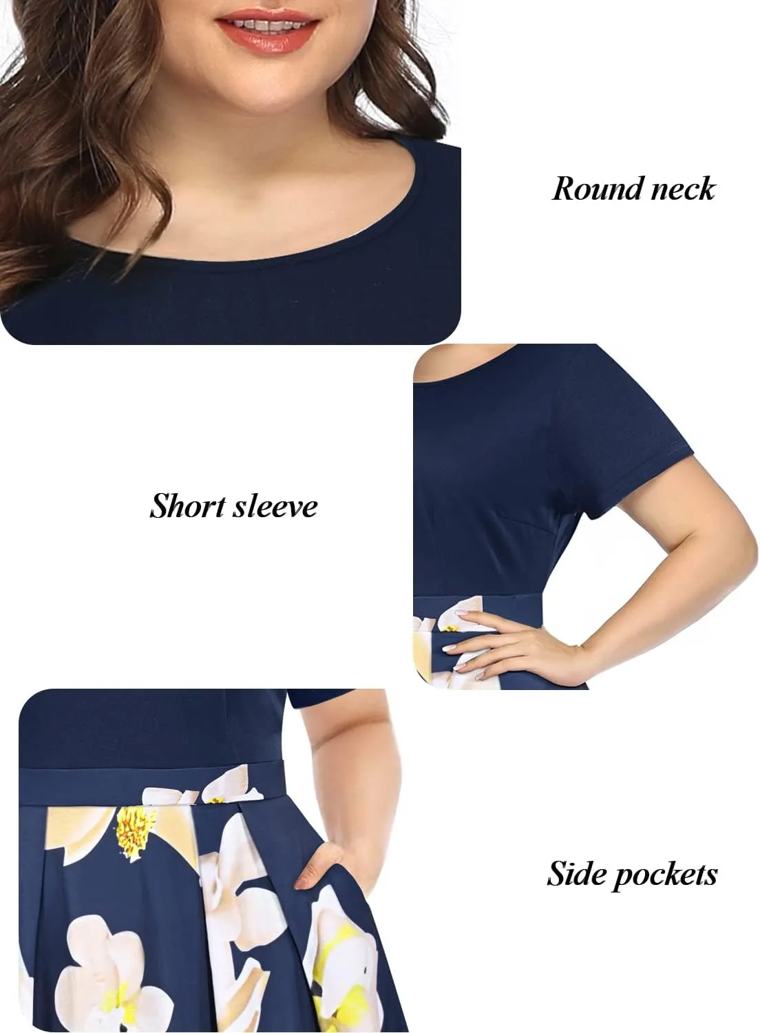 Pinup Fashion Plus Size Work Dress-Church Business Casual Short Sleeve A-Line Dress with Pockets