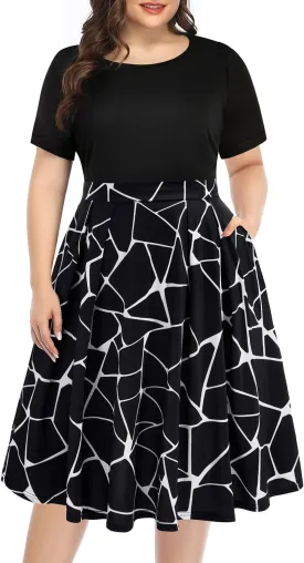 Pinup Fashion Plus Size Work Dress-Church Business Casual Short Sleeve A-Line Dress with Pockets