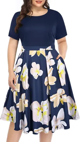 Pinup Fashion Plus Size Work Dress-Church Business Casual Short Sleeve A-Line Dress with Pockets