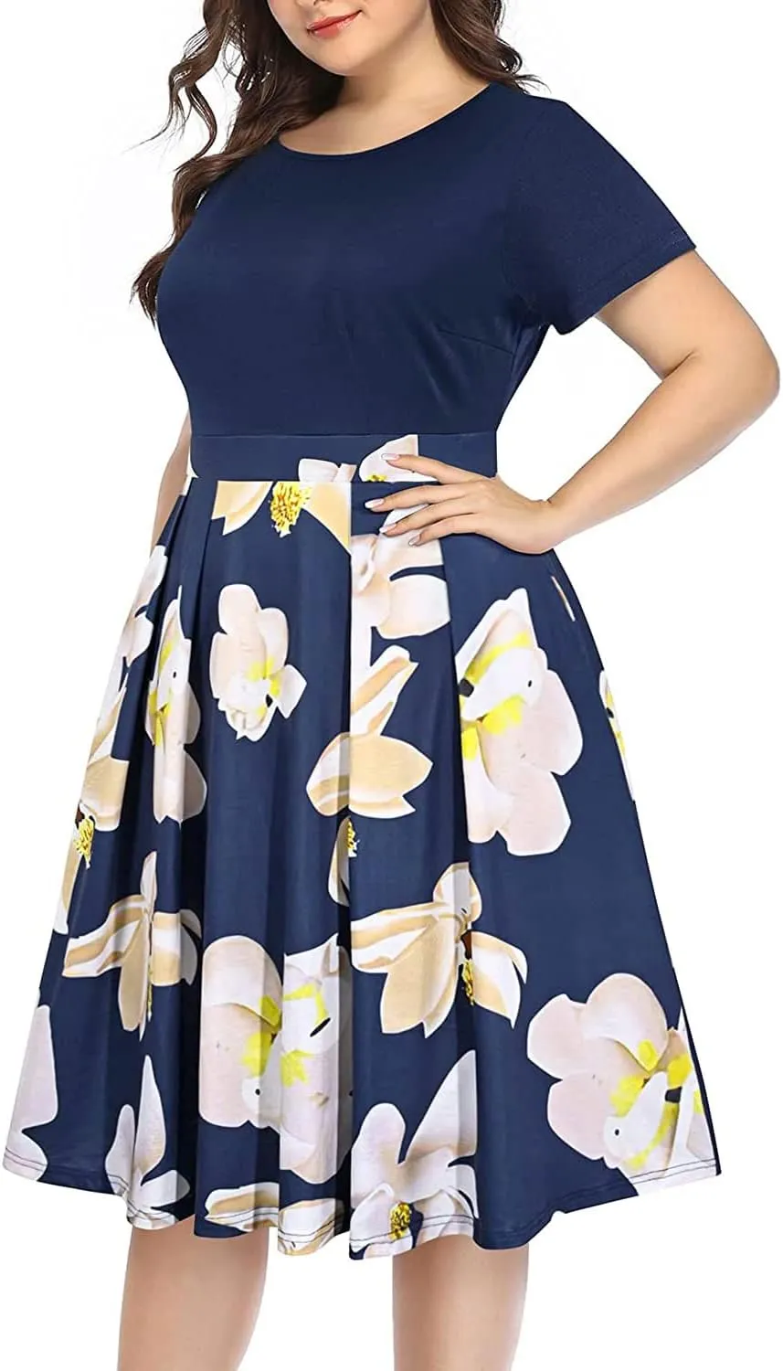 Pinup Fashion Plus Size Work Dress-Church Business Casual Short Sleeve A-Line Dress with Pockets