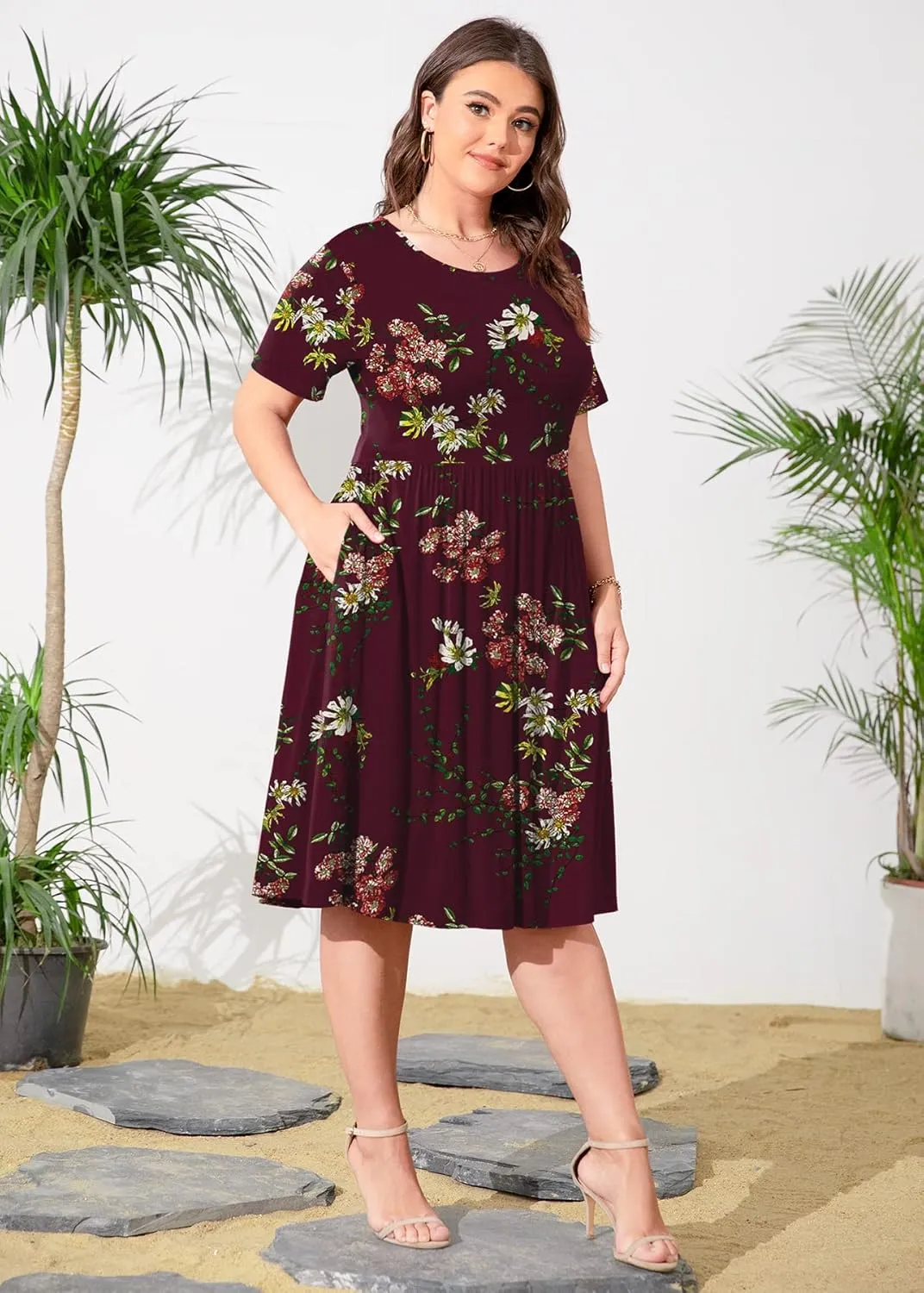 POSESHE Womens Plus Size Summer Dress 2025 Casual Short Sleeve Empire Waist Loose Fit Swing T-Shirt Dress with Pockets