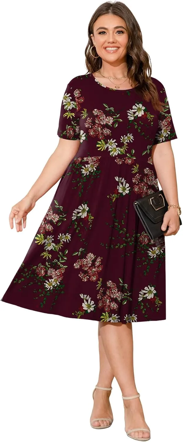 POSESHE Womens Plus Size Summer Dress 2025 Casual Short Sleeve Empire Waist Loose Fit Swing T-Shirt Dress with Pockets