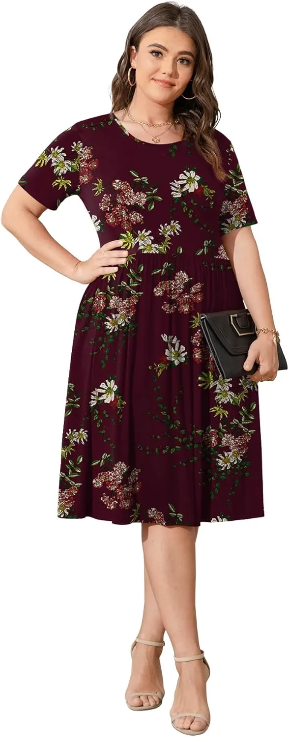 POSESHE Womens Plus Size Summer Dress 2025 Casual Short Sleeve Empire Waist Loose Fit Swing T-Shirt Dress with Pockets