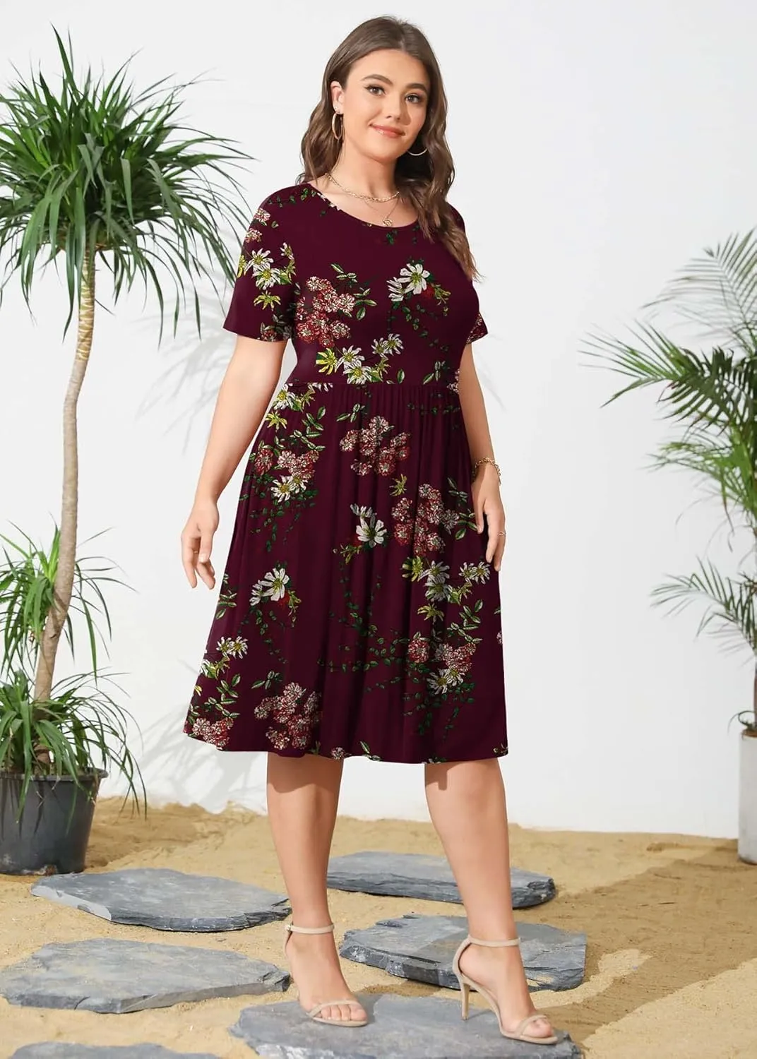 POSESHE Womens Plus Size Summer Dress 2025 Casual Short Sleeve Empire Waist Loose Fit Swing T-Shirt Dress with Pockets