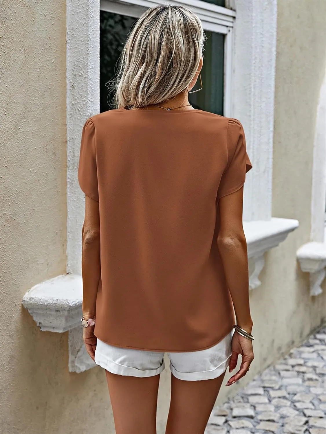 PRETTYGARDEN Short Sleeve Tops for Women 2025 Summer Spring Western Chiffon Blouses Dressy Casual Work Pearl Shirts