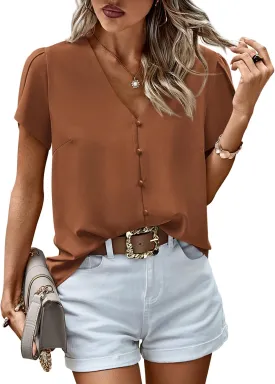 PRETTYGARDEN Short Sleeve Tops for Women 2025 Summer Spring Western Chiffon Blouses Dressy Casual Work Pearl Shirts