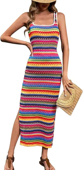 PRETTYGARDEN Tank Dress for Women 2025 Summer Casual Striped Maxi Dresses Fitted Square Neck Beach Vacation Bohemian Sundress