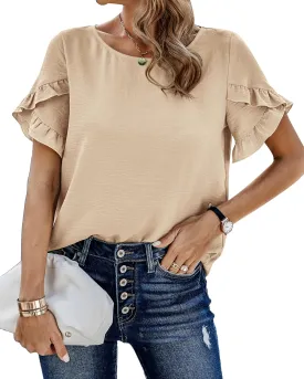 PRETTYGARDEN Women's Shirts Summer Casual Crewneck Lace Crochet Short Sleeve Blouses Cute Floral Print Loose Tunic Tops