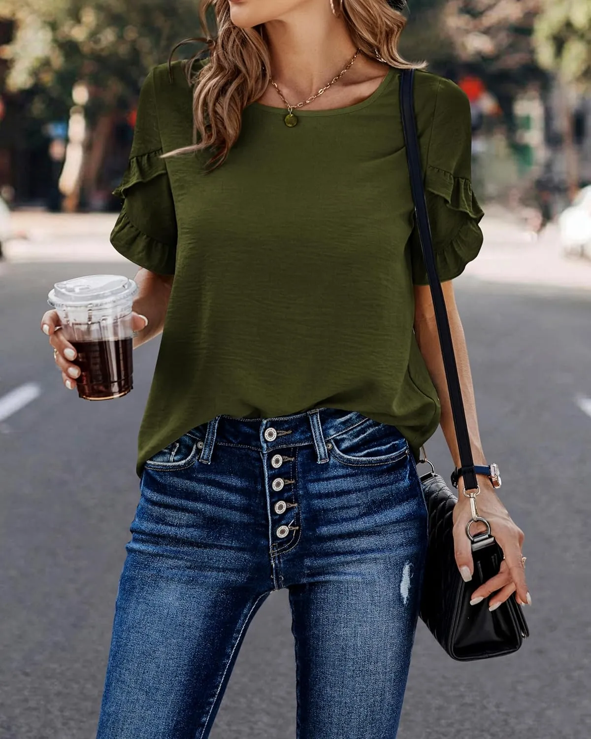 PRETTYGARDEN Women's Shirts Summer Casual Crewneck Lace Crochet Short Sleeve Blouses Cute Floral Print Loose Tunic Tops
