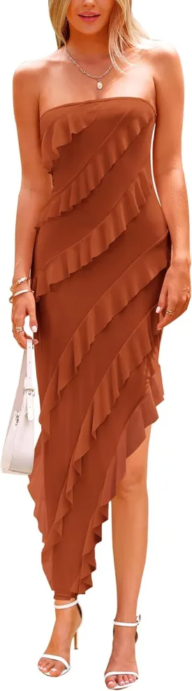 PRETTYGARDEN Womens Summer Maxi Dresses 2025 Strapless Tube Ruffle Asymmetrical Bodycon Party Cocktail Formal Long Dress