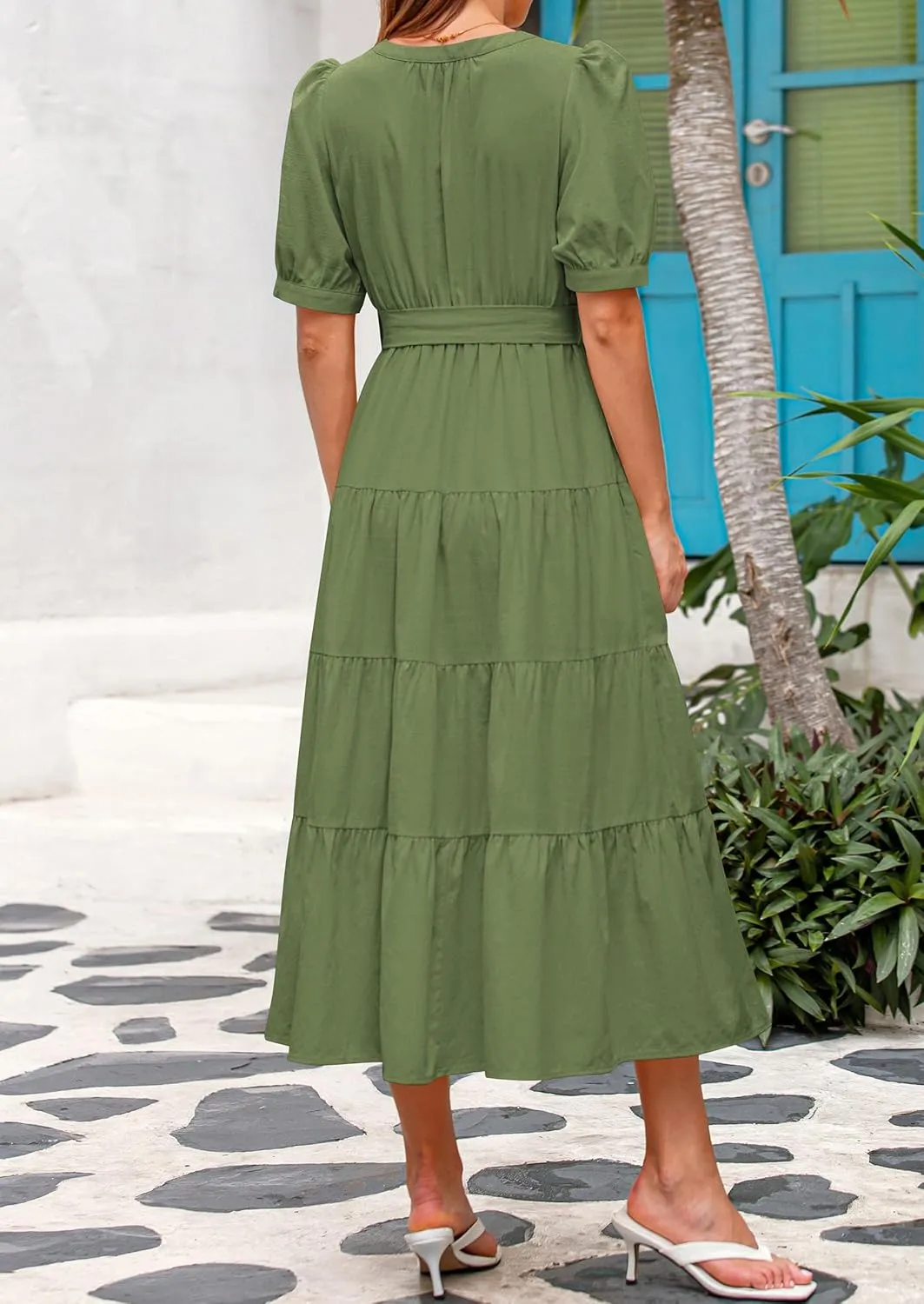PRETTYGARDEN Women's Summer Midi Dress 2025 Casual Short Sleeve V Neck Buttons Belted Ruffle A Line Flowy Dress with Pockets