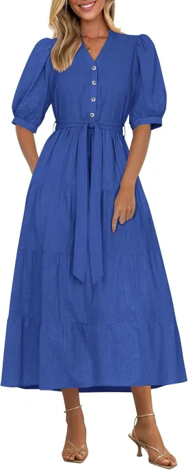 PRETTYGARDEN Women's Summer Midi Dress 2025 Casual Short Sleeve V Neck Buttons Belted Ruffle A Line Flowy Dress with Pockets