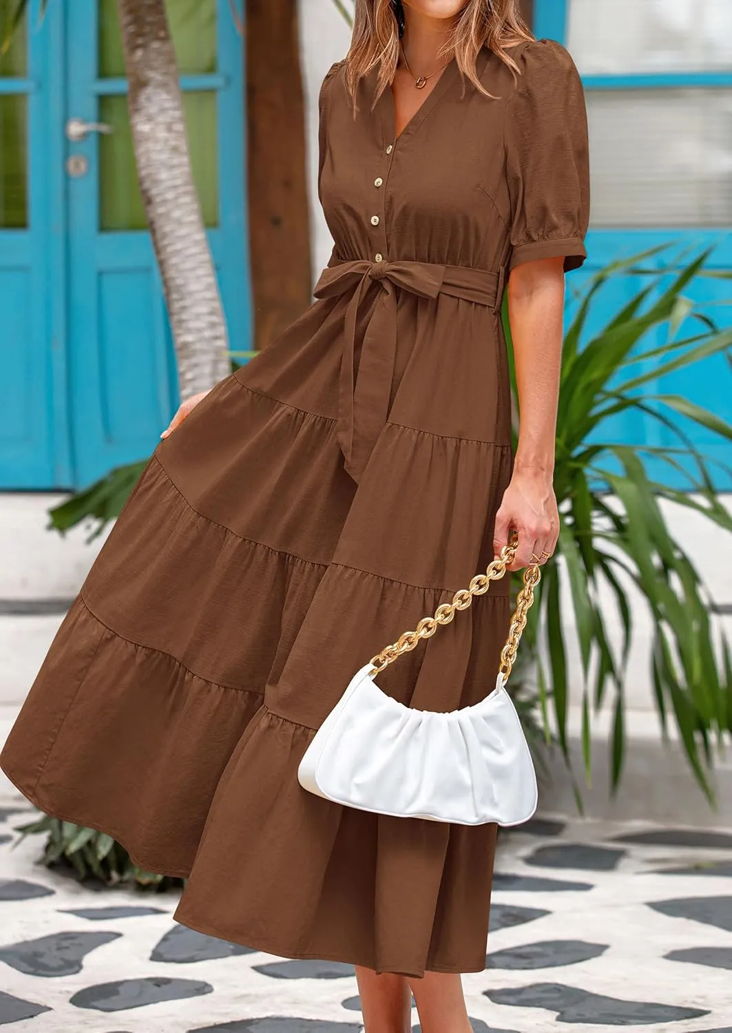 PRETTYGARDEN Women's Summer Midi Dress 2025 Casual Short Sleeve V Neck Buttons Belted Ruffle A Line Flowy Dress with Pockets
