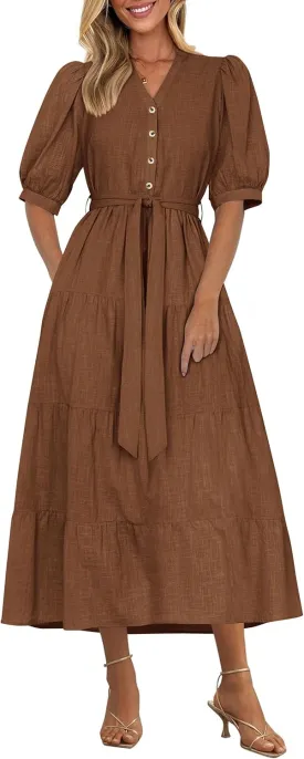 PRETTYGARDEN Women's Summer Midi Dress 2025 Casual Short Sleeve V Neck Buttons Belted Ruffle A Line Flowy Dress with Pockets