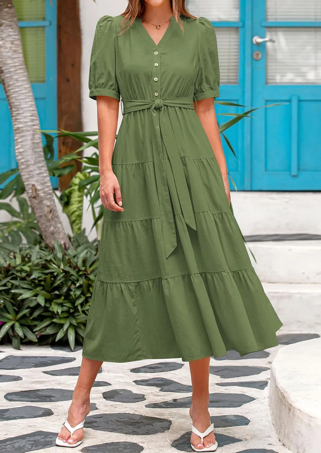 PRETTYGARDEN Women's Summer Midi Dress 2025 Casual Short Sleeve V Neck Buttons Belted Ruffle A Line Flowy Dress with Pockets