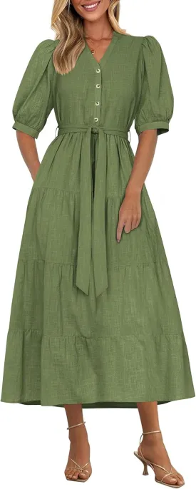 PRETTYGARDEN Women's Summer Midi Dress 2025 Casual Short Sleeve V Neck Buttons Belted Ruffle A Line Flowy Dress with Pockets
