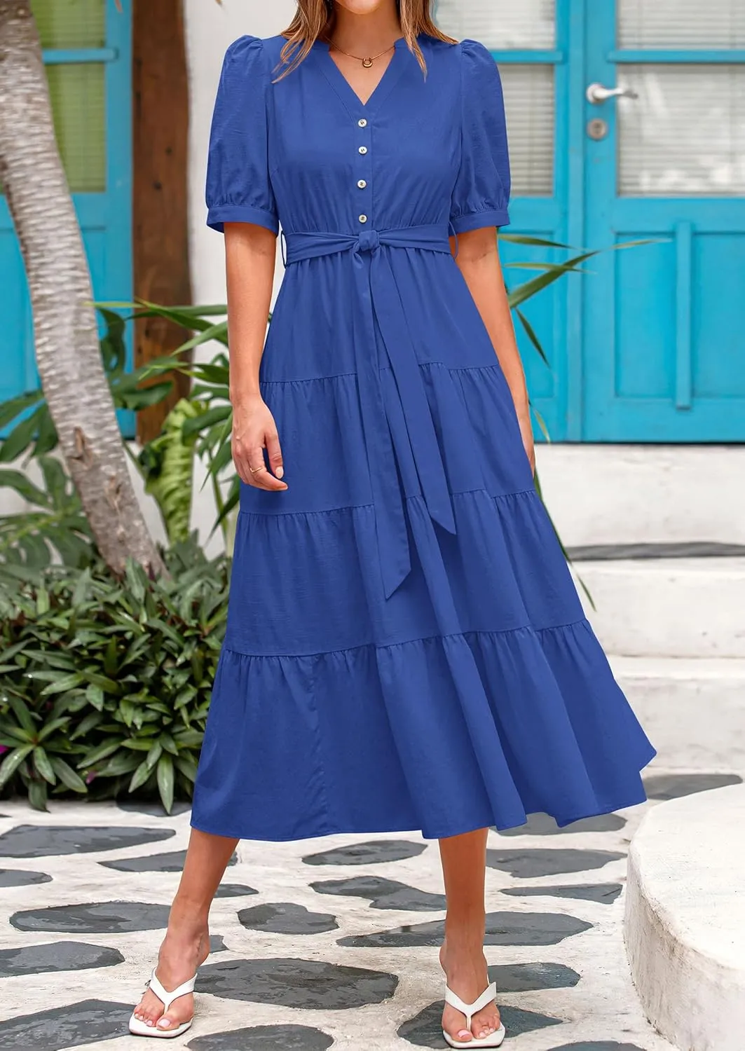 PRETTYGARDEN Women's Summer Midi Dress 2025 Casual Short Sleeve V Neck Buttons Belted Ruffle A Line Flowy Dress with Pockets
