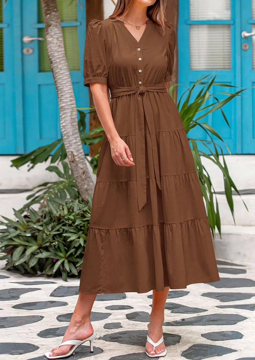 PRETTYGARDEN Women's Summer Midi Dress 2025 Casual Short Sleeve V Neck Buttons Belted Ruffle A Line Flowy Dress with Pockets