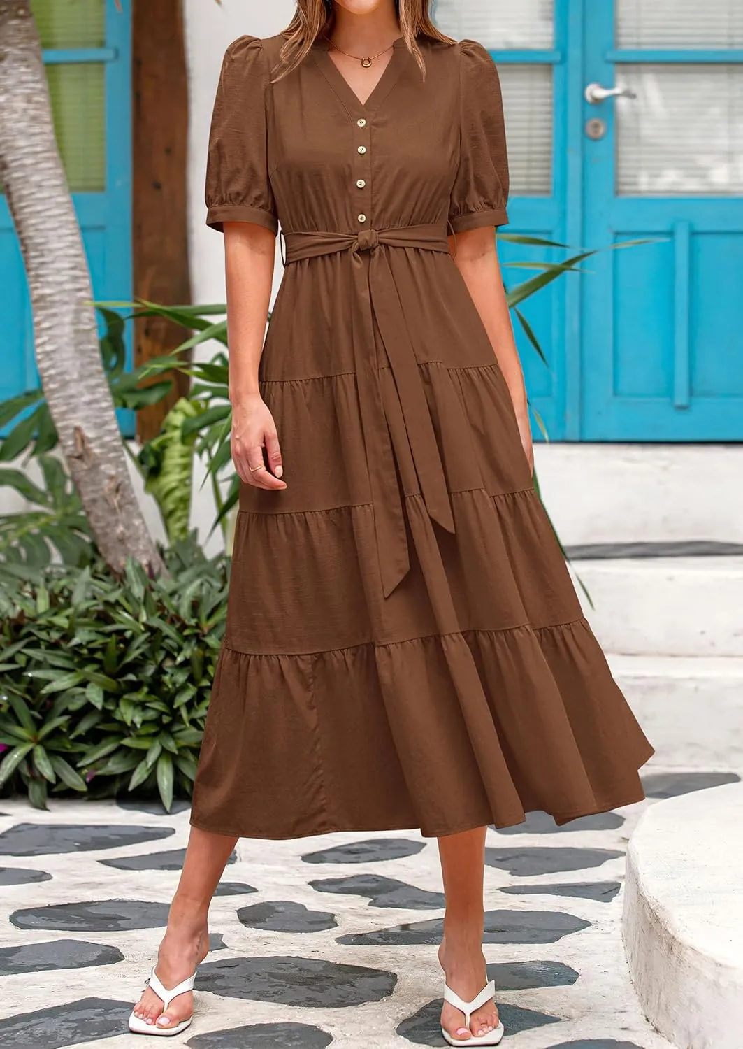 PRETTYGARDEN Women's Summer Midi Dress 2025 Casual Short Sleeve V Neck Buttons Belted Ruffle A Line Flowy Dress with Pockets