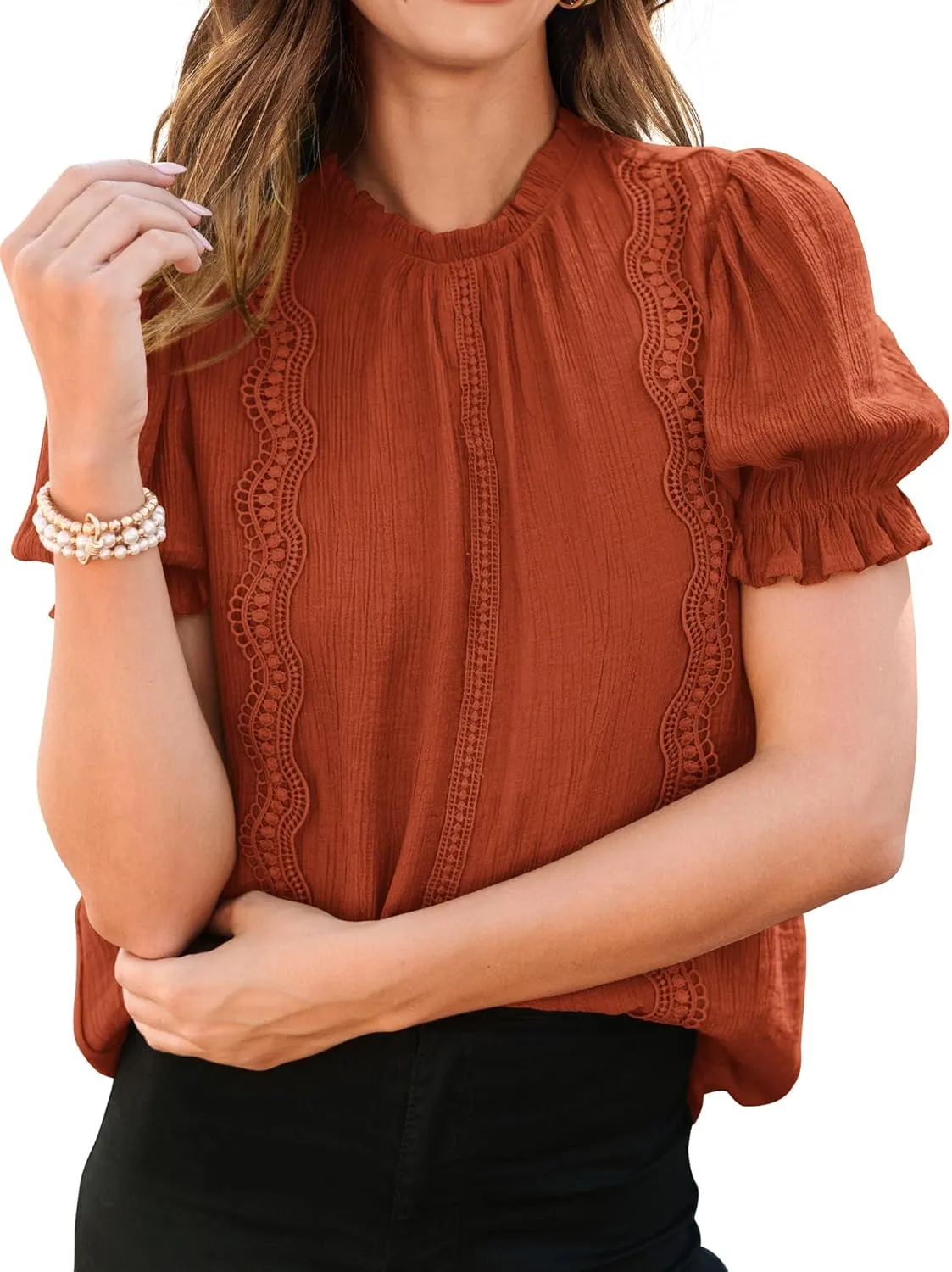 PRETTYGARDEN Womens Summer Tops 2025 Trendy Mock Neck Puff Sleeve Blouse Dressy Casual Business Western Shirts Spring Clothes