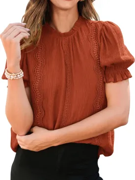 PRETTYGARDEN Womens Summer Tops 2025 Trendy Mock Neck Puff Sleeve Blouse Dressy Casual Business Western Shirts Spring Clothes