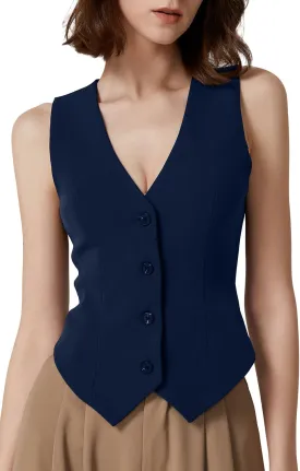 QINSEN Womens V Neck Vest Top Sleeveless Button Down Fully Lined Solid Going Out Crop Tops