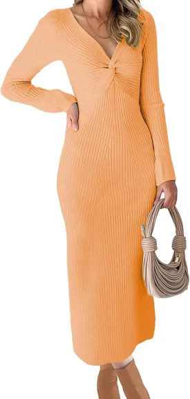 RAISECOM Womens Ribbed Knit Maxi Dresses Long Sleeve V Neck Casual Sweater Dress Bodycon Midi Dress