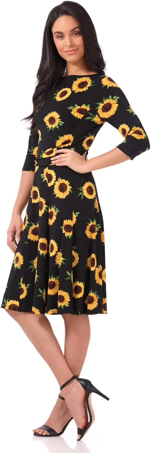 REKUCCI Women's Flippy Fit N' Flare Dress with 3/4 Sleeves