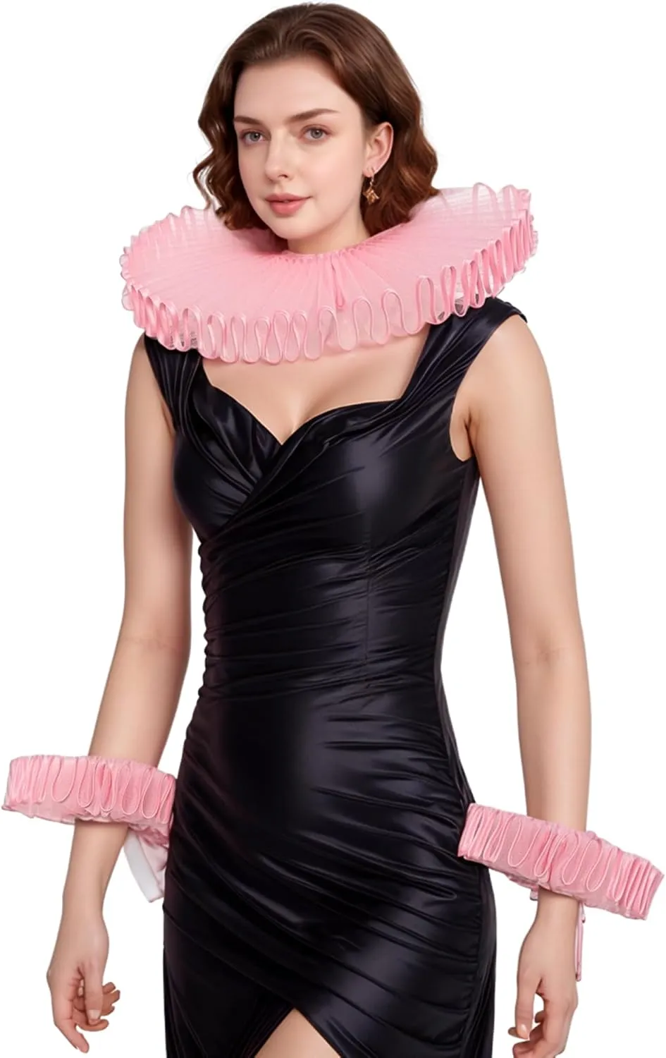 Renaissance Victorian Ruffle Collar and Wrist Cuffs Set Organza Colonial Clown Choker Neck Collar Cuff