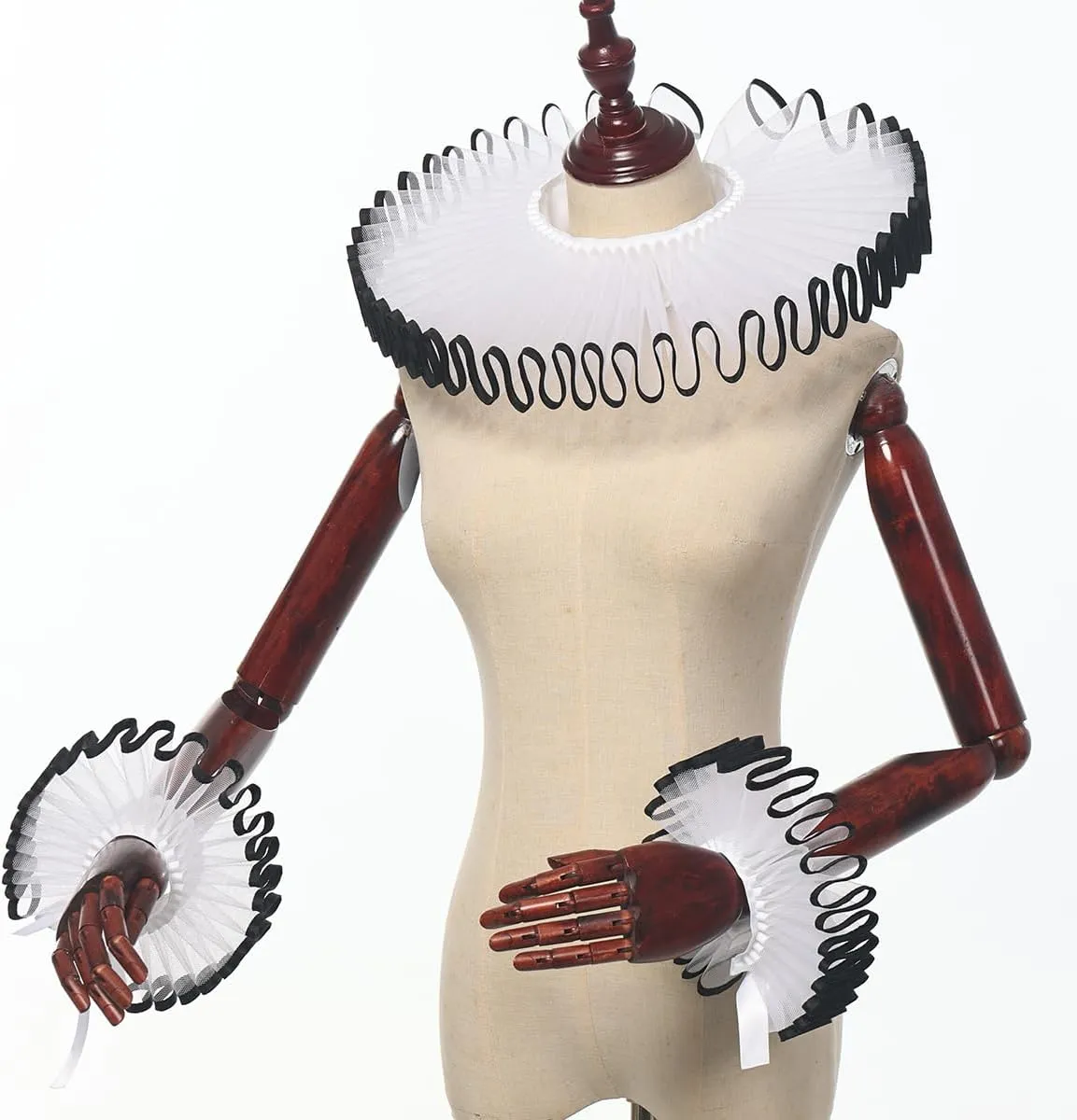 Renaissance Victorian Ruffle Collar and Wrist Cuffs Set Organza Colonial Clown Choker Neck Collar Cuff