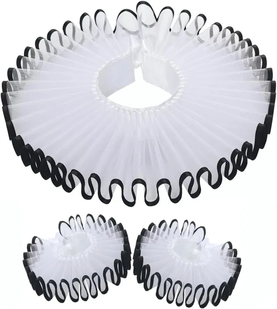 Renaissance Victorian Ruffle Collar and Wrist Cuffs Set Organza Colonial Clown Choker Neck Collar Cuff