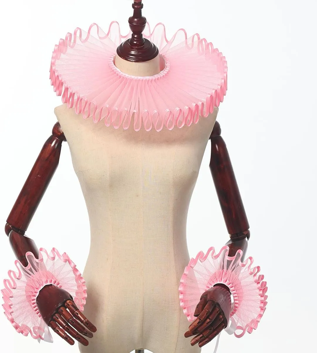 Renaissance Victorian Ruffle Collar and Wrist Cuffs Set Organza Colonial Clown Choker Neck Collar Cuff