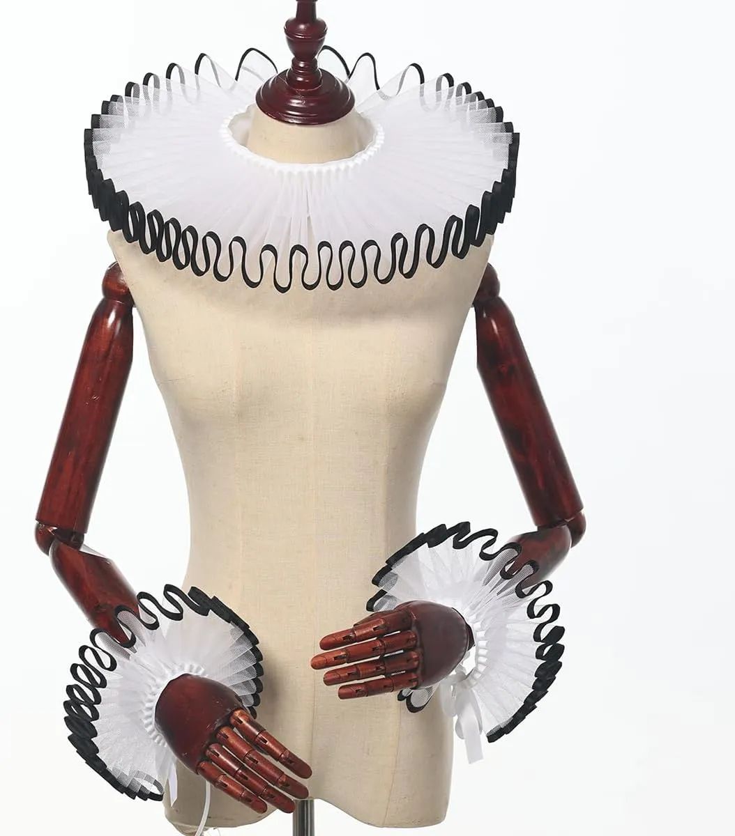 Renaissance Victorian Ruffle Collar and Wrist Cuffs Set Organza Colonial Clown Choker Neck Collar Cuff