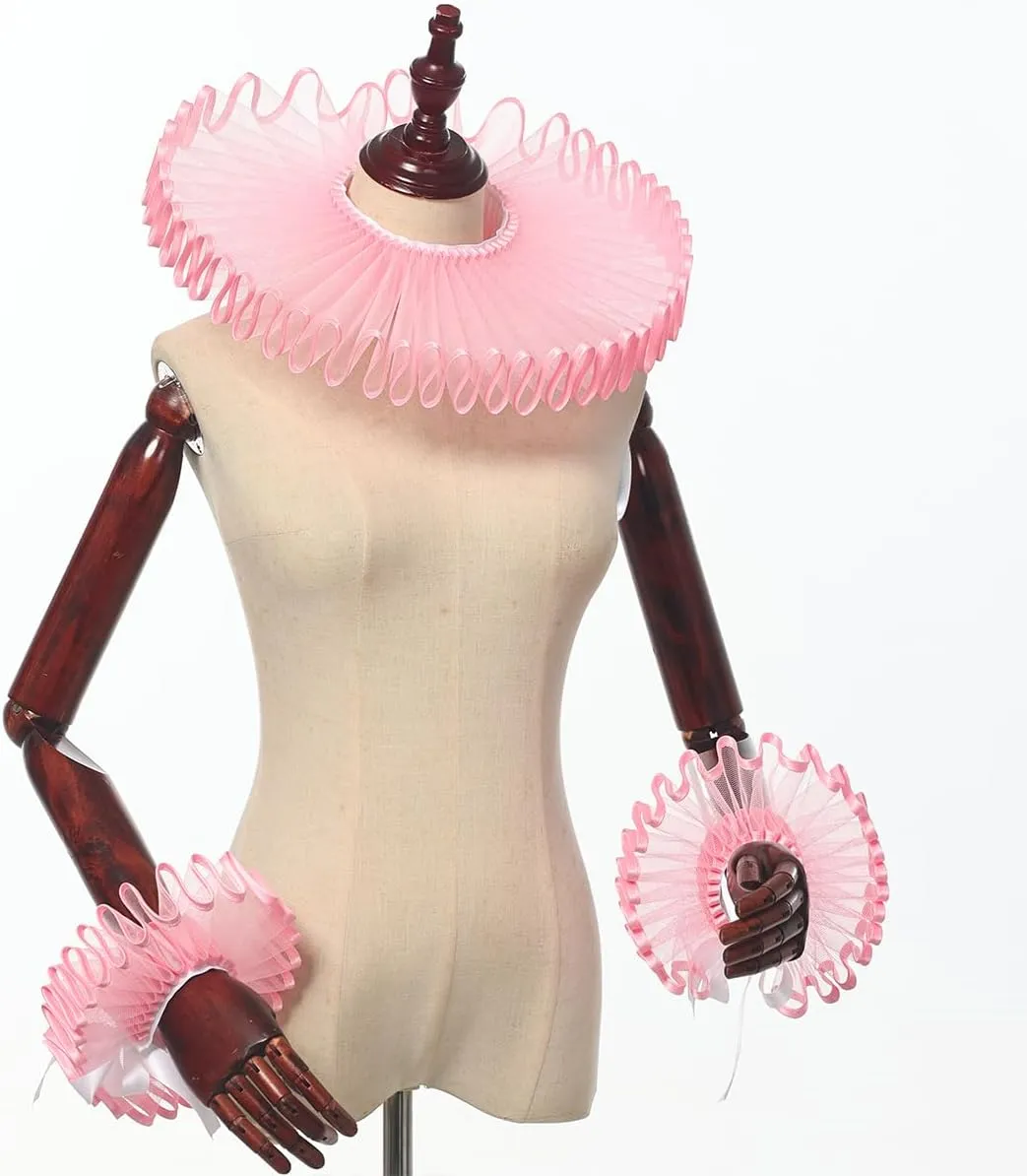 Renaissance Victorian Ruffle Collar and Wrist Cuffs Set Organza Colonial Clown Choker Neck Collar Cuff