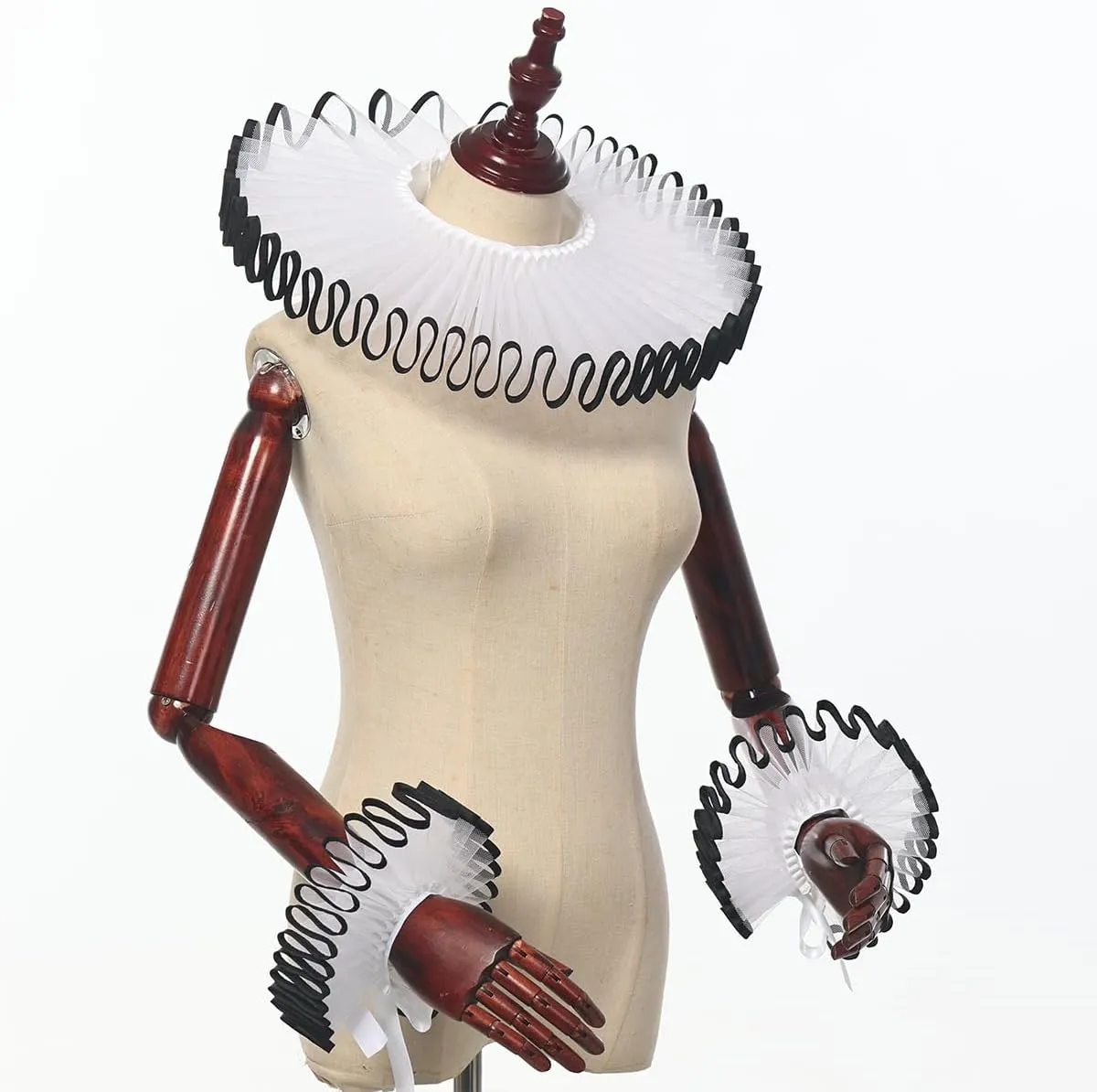 Renaissance Victorian Ruffle Collar and Wrist Cuffs Set Organza Colonial Clown Choker Neck Collar Cuff