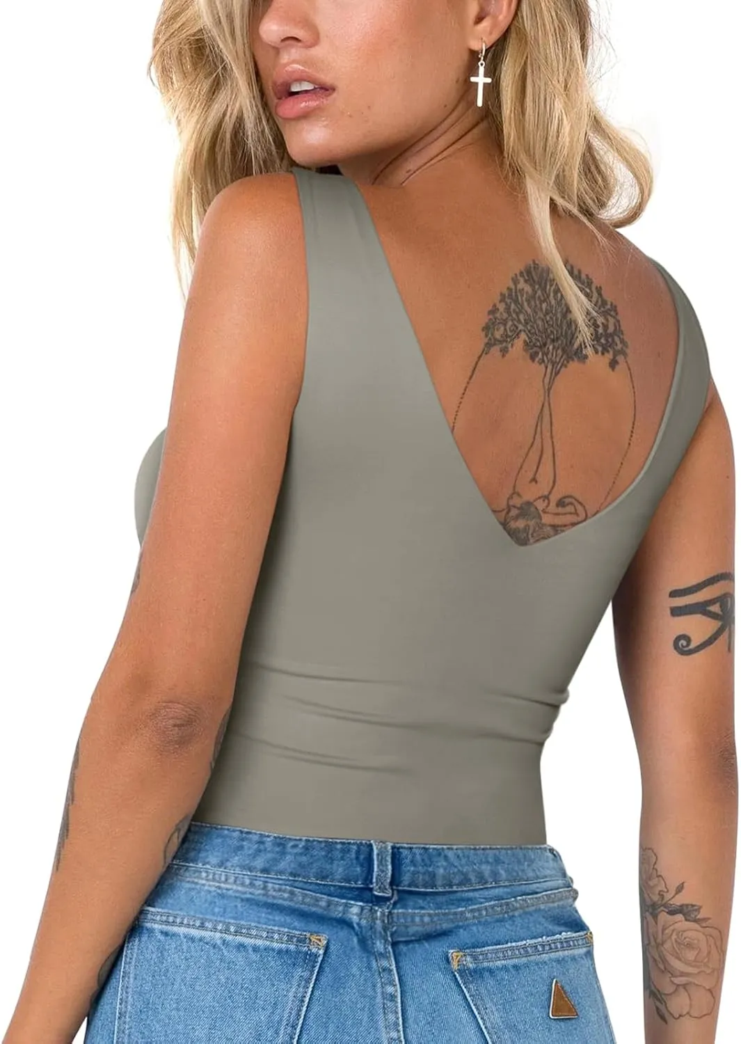 REORIA Butsmooth Womens Trendy Sexy Plunge Deep V Neck Sleeveless V Backless Going Out Tank Bodysuits Tops