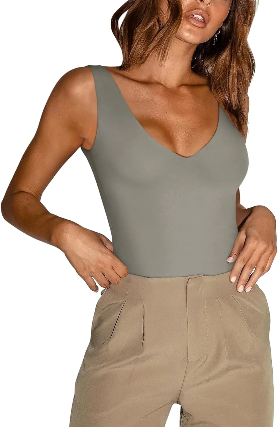 REORIA Butsmooth Womens Trendy Sexy Plunge Deep V Neck Sleeveless V Backless Going Out Tank Bodysuits Tops