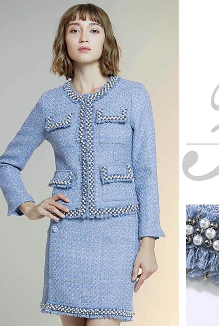 Retro Fringe Trim Blue Jacket   Short Skirt Two Piece Set