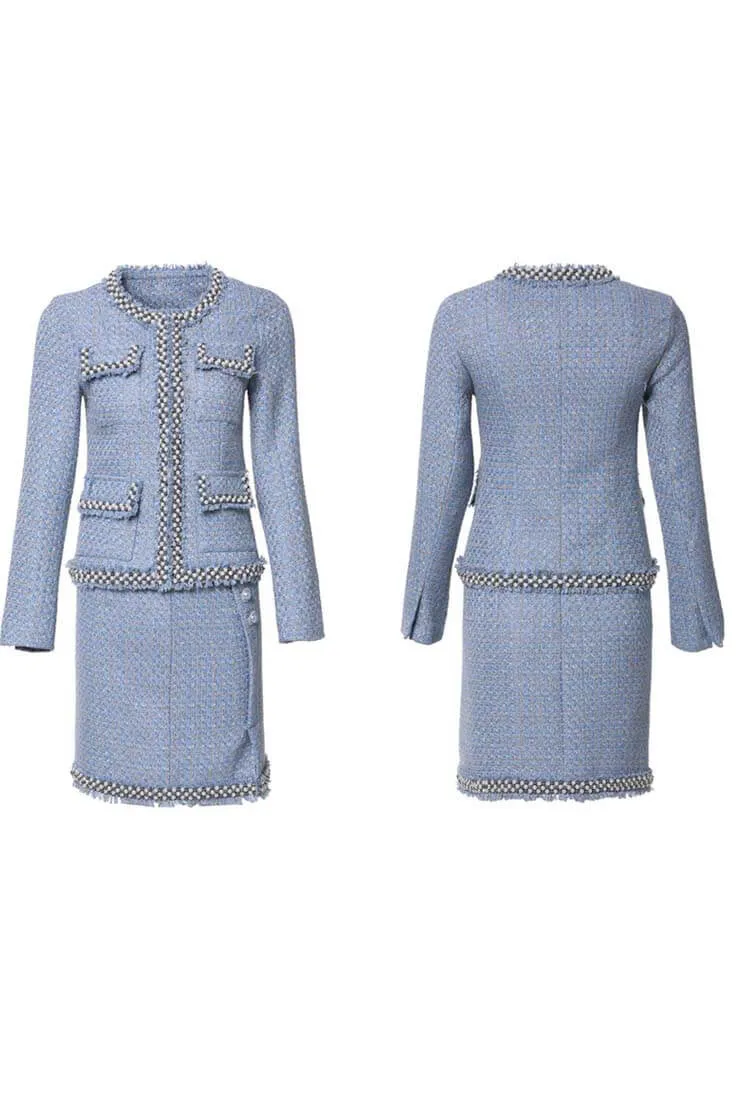Retro Fringe Trim Blue Jacket   Short Skirt Two Piece Set