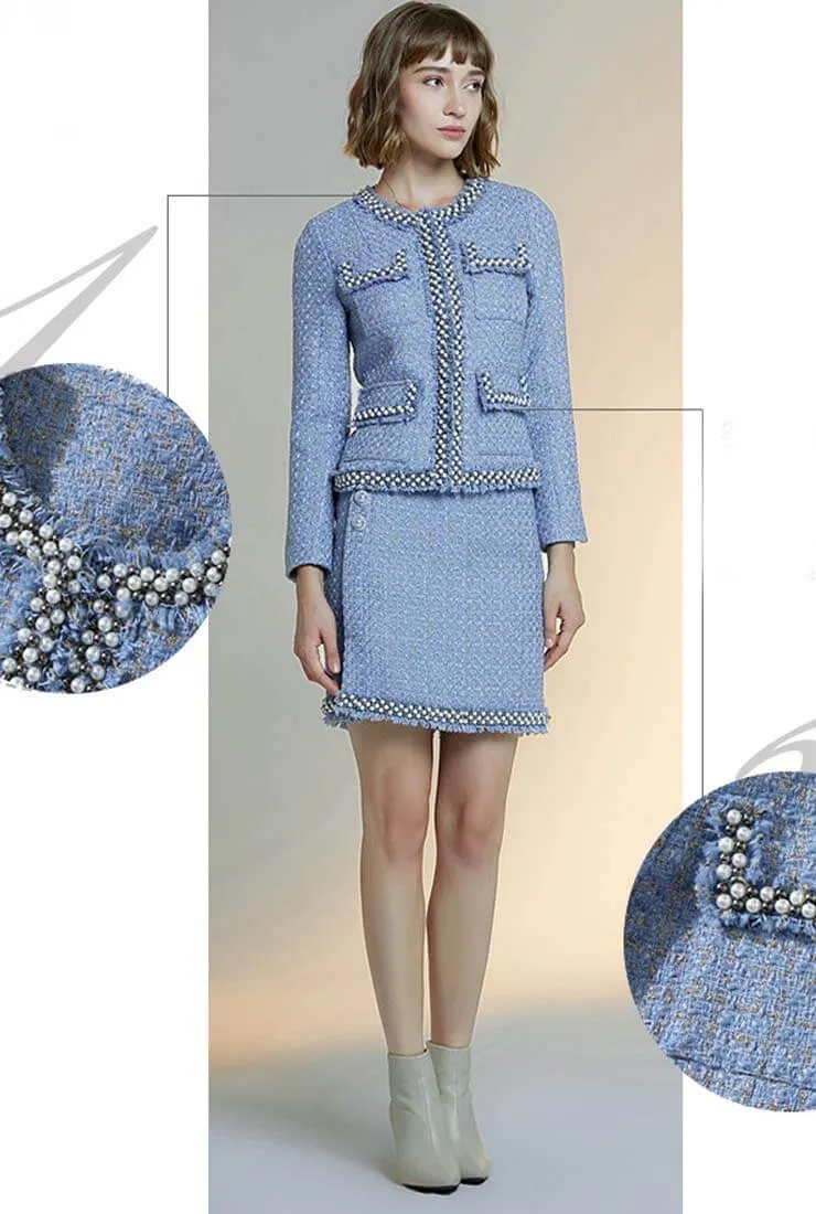 Retro Fringe Trim Blue Jacket   Short Skirt Two Piece Set