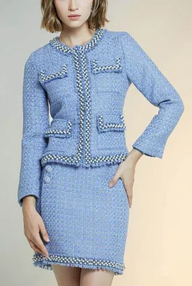 Retro Fringe Trim Blue Jacket   Short Skirt Two Piece Set