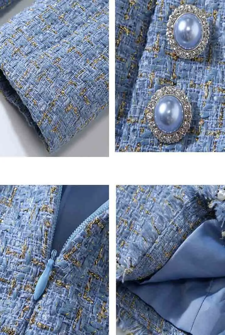 Retro Fringe Trim Blue Jacket   Short Skirt Two Piece Set
