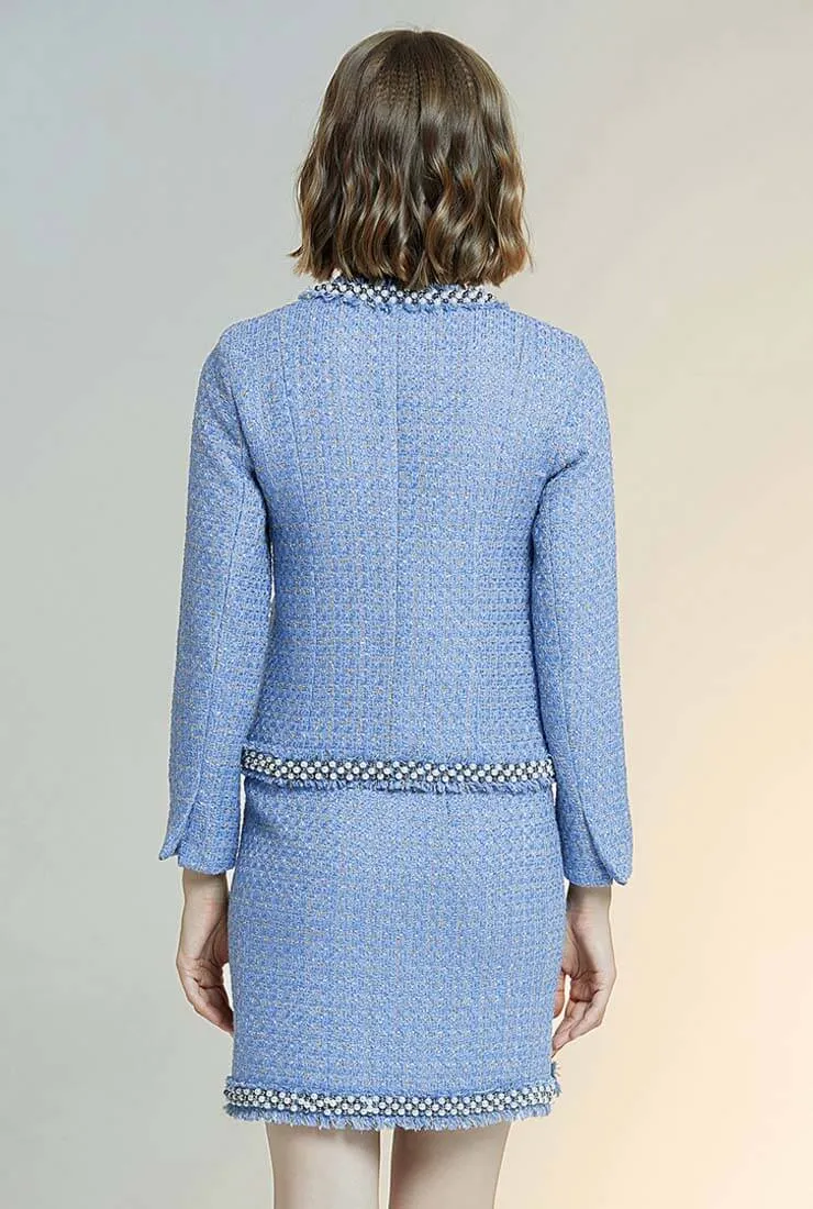 Retro Fringe Trim Blue Jacket   Short Skirt Two Piece Set