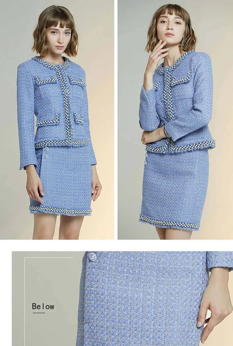 Retro Fringe Trim Blue Jacket   Short Skirt Two Piece Set
