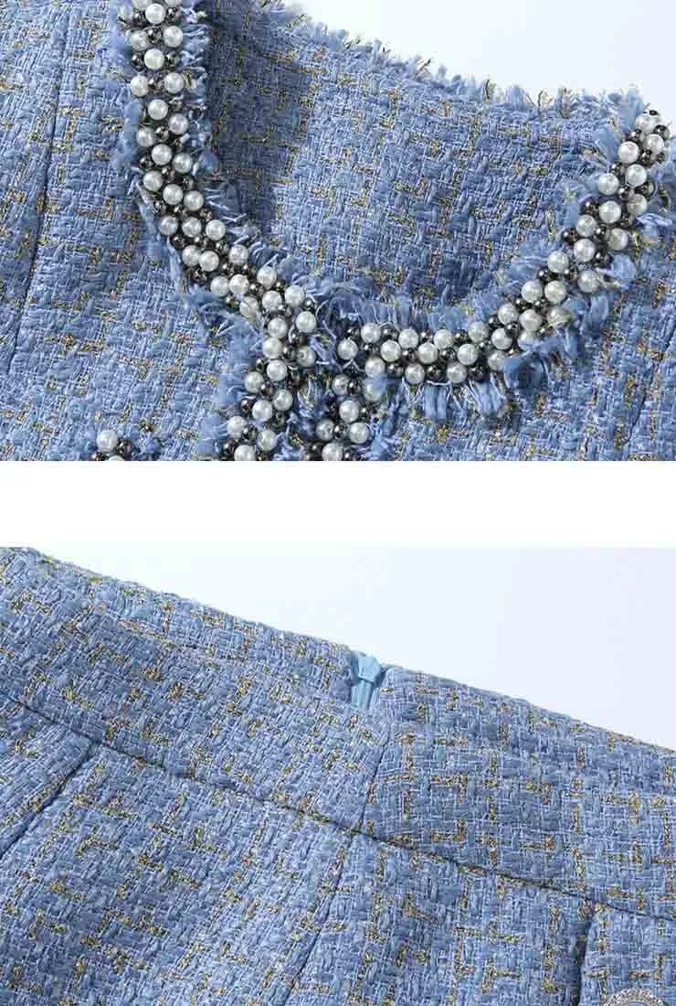 Retro Fringe Trim Blue Jacket   Short Skirt Two Piece Set