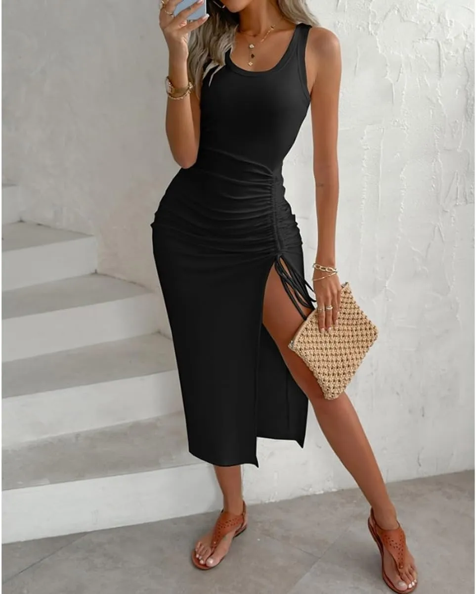 Ribbed High Slit Dress, Women Bodycon Maxi Sleeveless Trendy Casual Drawstring Ruched Knit Tank Dress