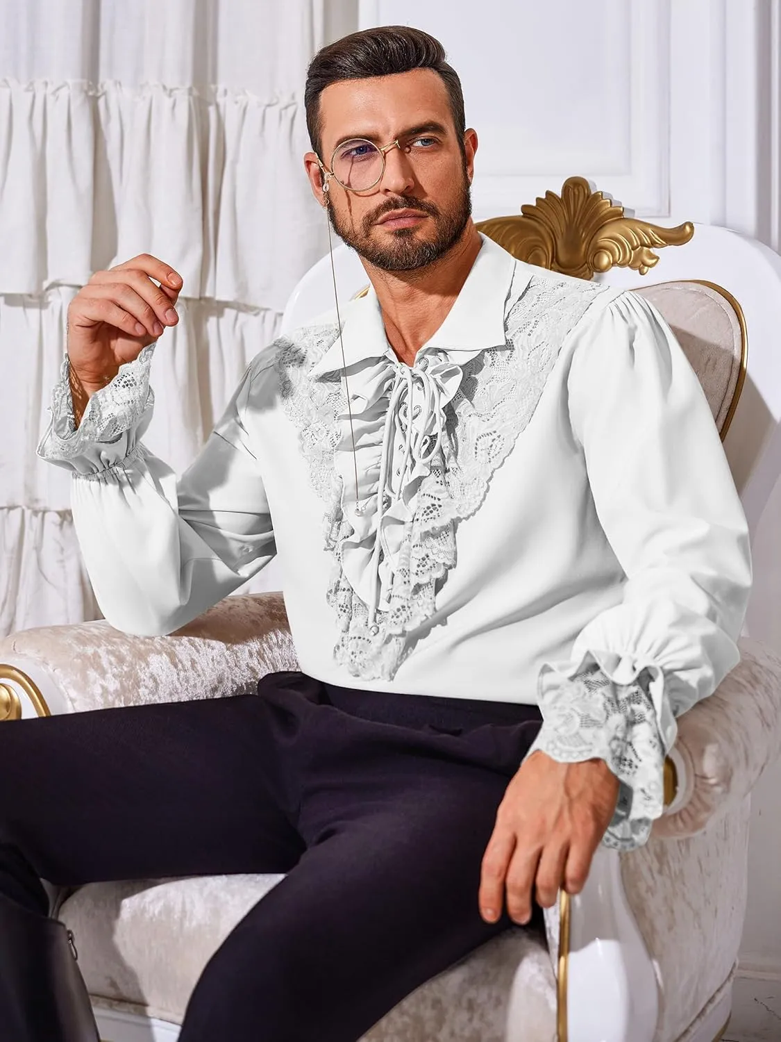 Runcati Mens Pirate Shirt Ruffle Renaissance Victorian Vampire Poet Shirts Steampunk Gothic Medieval Lace Costume