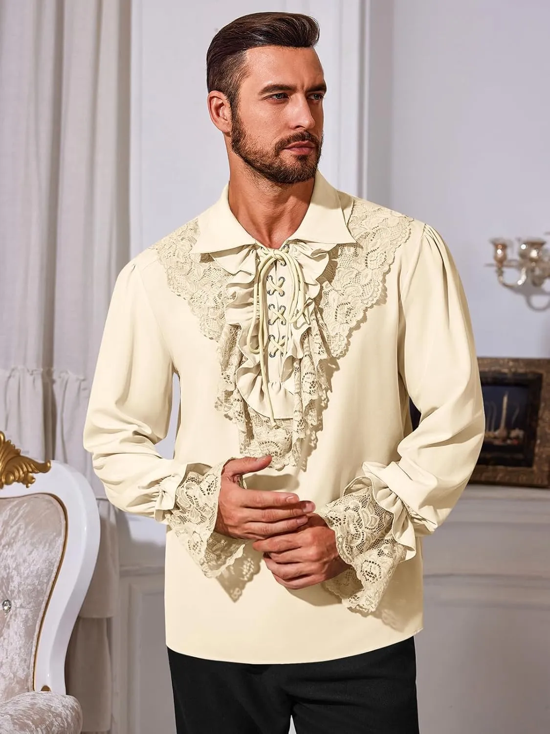 Runcati Mens Pirate Shirt Ruffle Renaissance Victorian Vampire Poet Shirts Steampunk Gothic Medieval Lace Costume