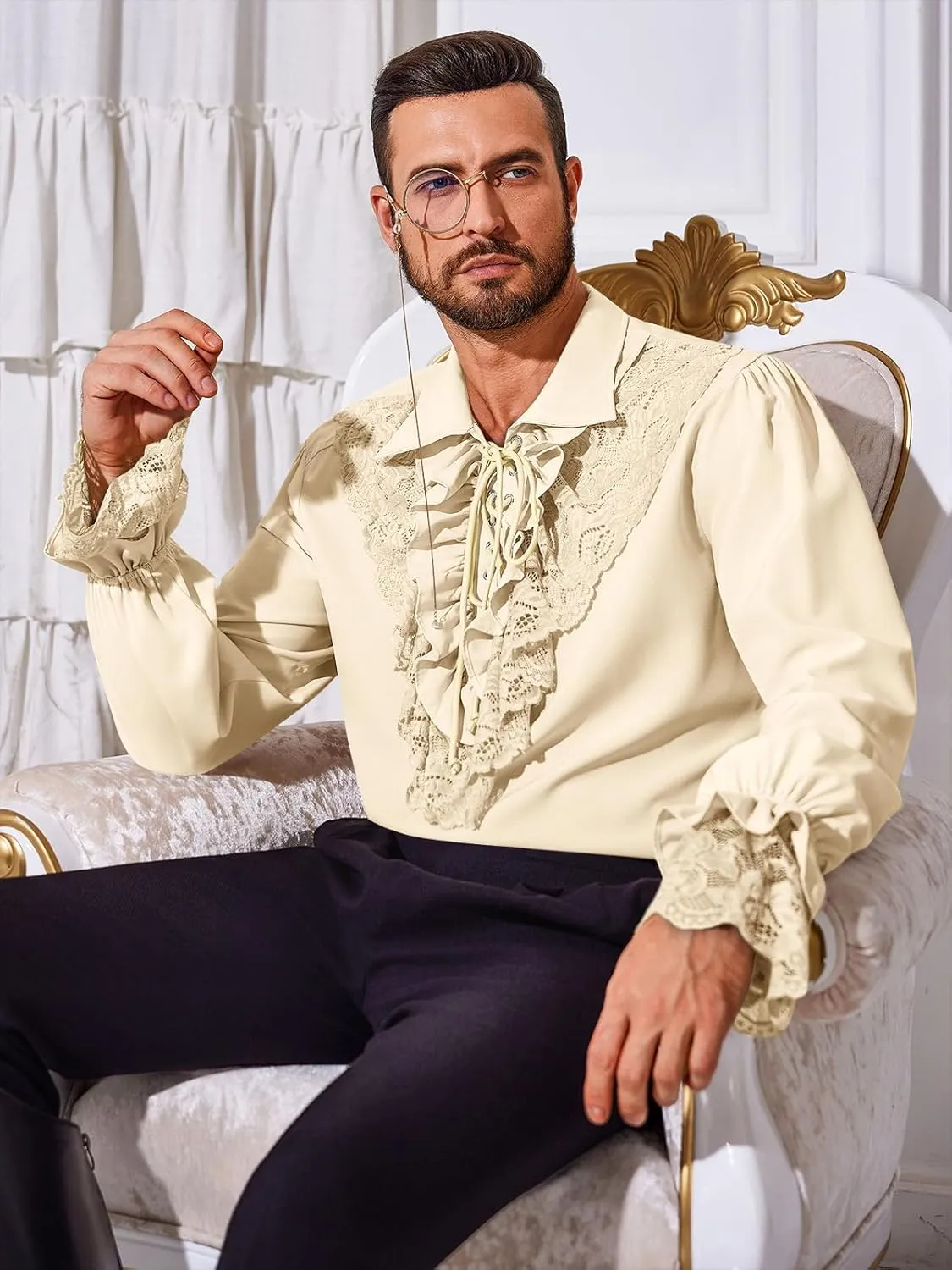 Runcati Mens Pirate Shirt Ruffle Renaissance Victorian Vampire Poet Shirts Steampunk Gothic Medieval Lace Costume